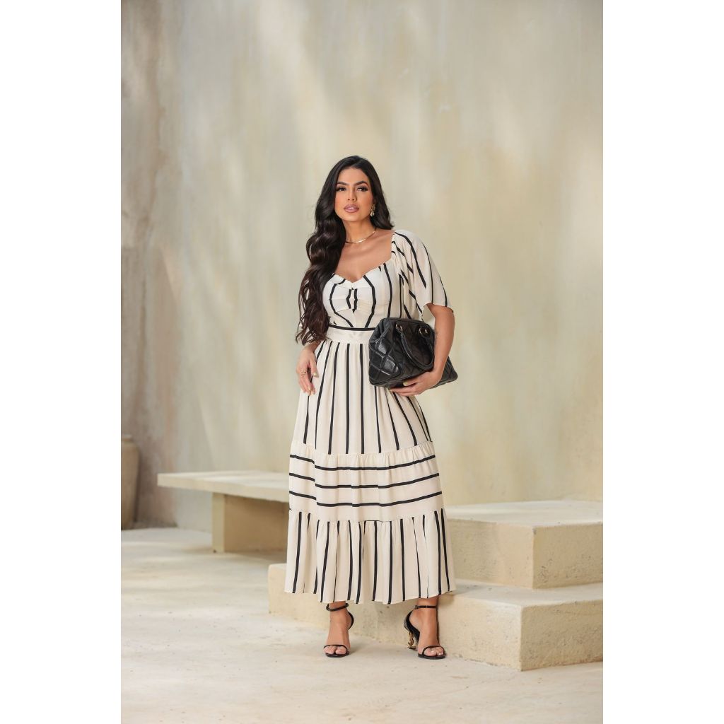VESTIDO MIDI EVANGÉLICO FEMININO LUANA LISTRADO Tecido