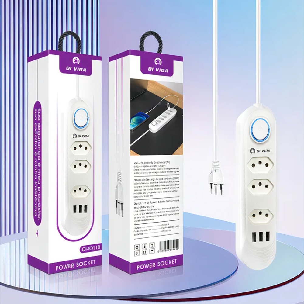 Régua Filtro de Linha Extensão de Tomada 3 Tomadas de 3 Furos e 3 Usb com Cabo de 2M Bivolt