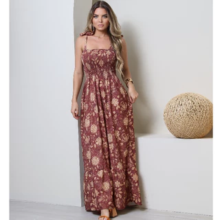 Vestido Feminino Longo Estampado LEISE com dourado Elegante tecido Duna Premium e é envio imediato