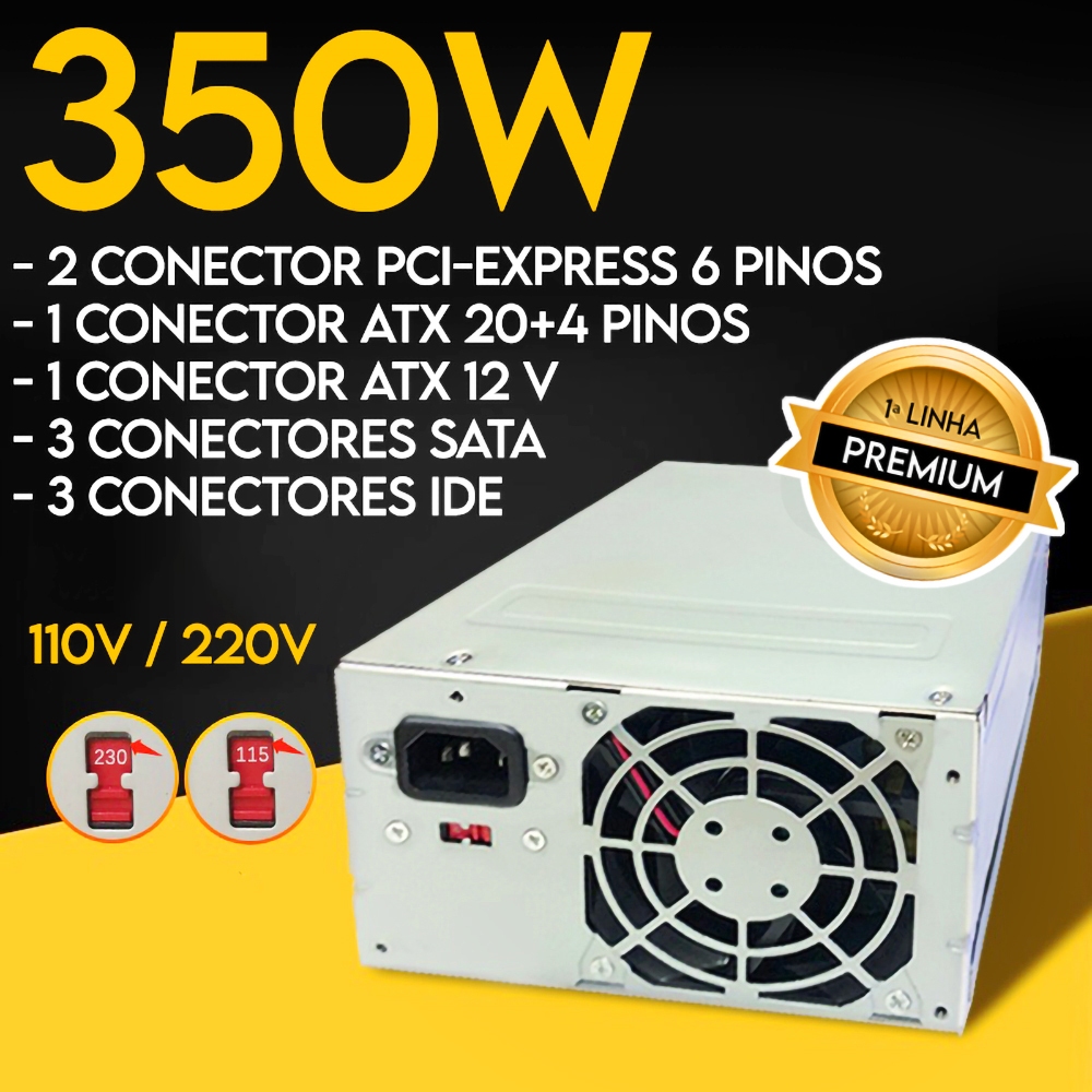 Fonte de Alimentação para PC 350W Bivolt Manual com Cooler 120mm Silenciosa ATX 20+4P SATA PCI-E