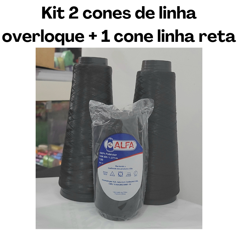 Kit 2 cones de linha fio overloque + 1 cone linha reta Alfa para ...
