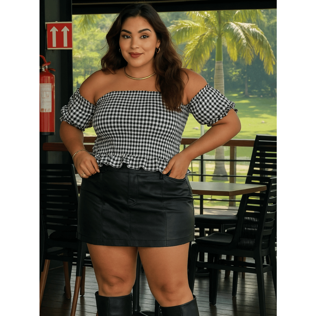 Bata e Cropped Feminino Xadrez Plus Size Lastex Ajustável