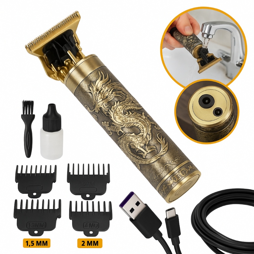 Máquina Profissional Dragão Acabamento Sem Fio Cabelo Barba Pezinho Limitador de Lamina Ajustável