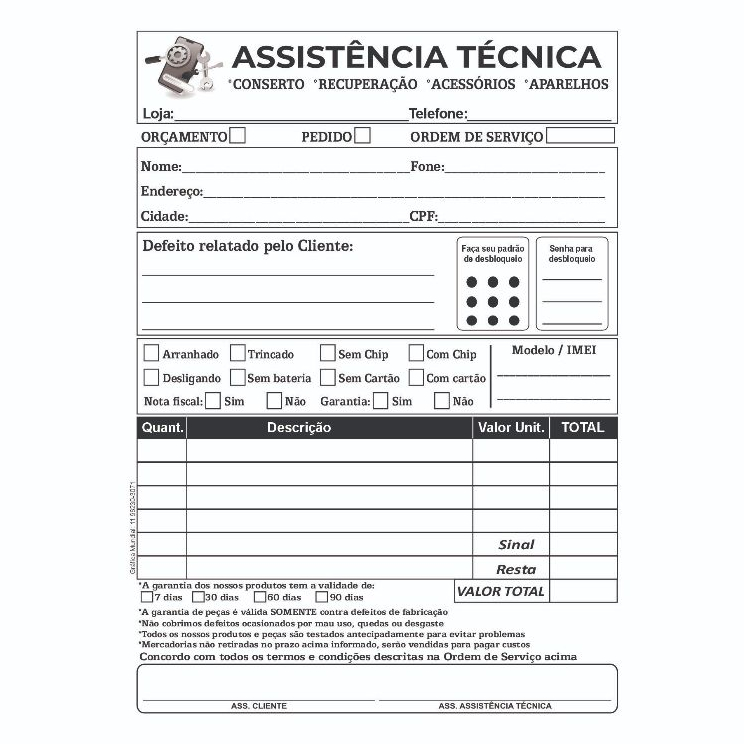 10 Talões Assistência Conserto Técnico 10x14 Bloco c/ 50 folhas Orçamento Recibo / Ordem Serviço Papelaria