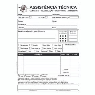 10 Talões Assistência Conserto Técnico 10x14 Bloco c/ 50 folhas Orçamento Recibo / Ordem Serviço Papelaria