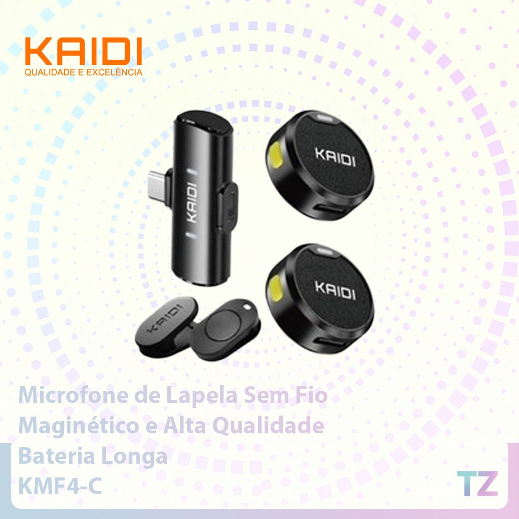 Microfone de Lapela Sem Fio KAIDI KMF4-C – Tipo-C, Maginético e Alta Qualidade de Som Bateria Longa, Compact