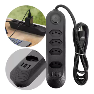Extensão Elétrica Com 4 Tomadas E Três Usb De Filtro Linha Preto Branco