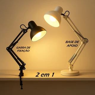 Luminária de Mesa Pixar Escritório Abajur Articulada Com Garra E Base Preto Branca 110v/220v