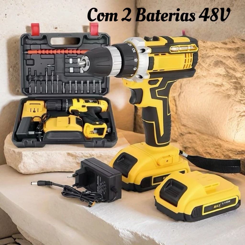 Parafusadeira Furadeira 48V impacto 3 funções Sem Fio 2 Baterias Com Maleta e Acessórios Completo
