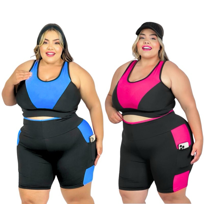 Kit 2 Conjuntos Fitness Plus Size Top e Short com Bolso para Academia Curves feminino G ao EXGG em Oferta na Shopee