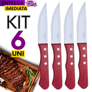 Conjunto Jogo 06 Facas Para Carne Jumbo Cabo em Madeira Tipo Outback Churrasco Restaurante Churrascaria Linha Premium