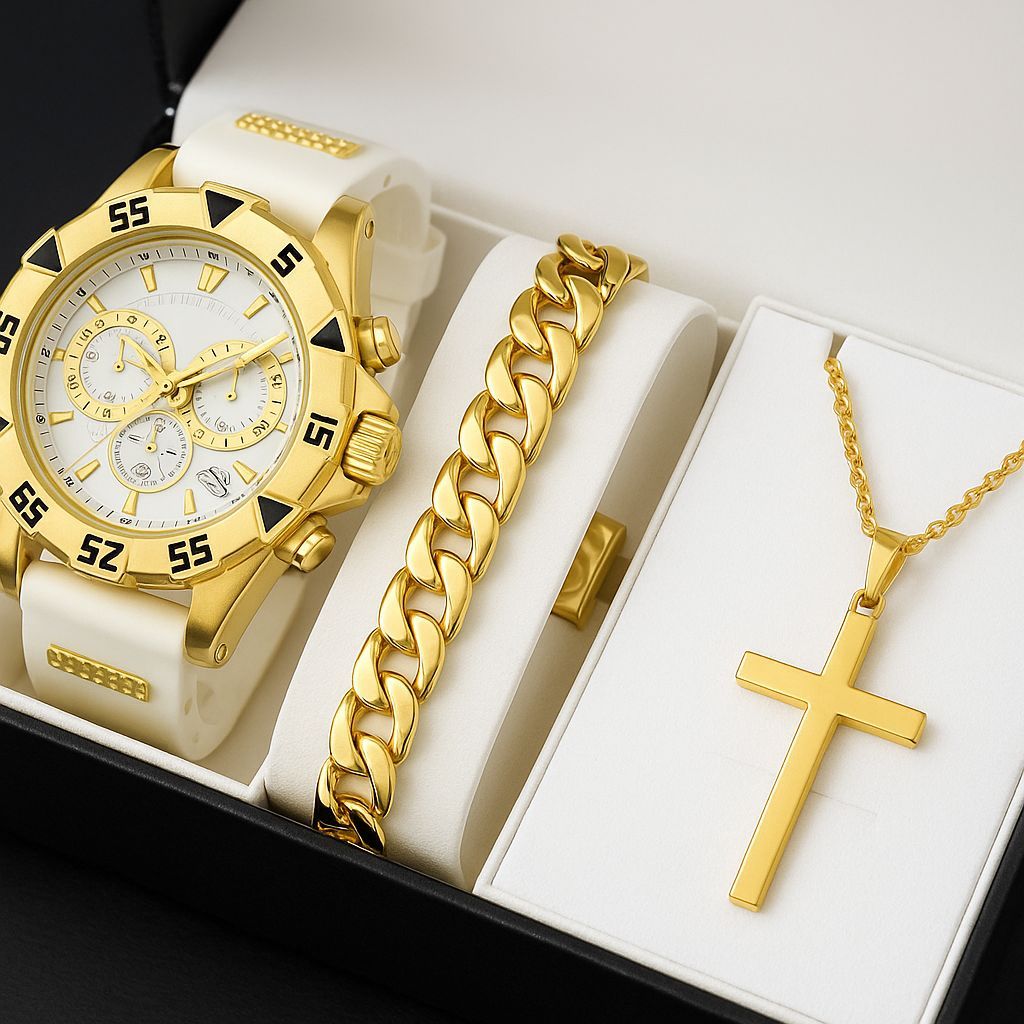 Kit Relógio Original Masculino Banhado a Ouro + Corrente + Pulseira ...