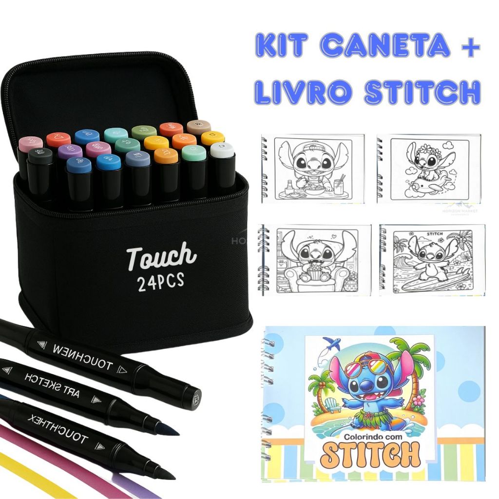 Kit Caneta Touch 24 Cores + Livro de Colorir Stitch Capa Dura | Shopee ...