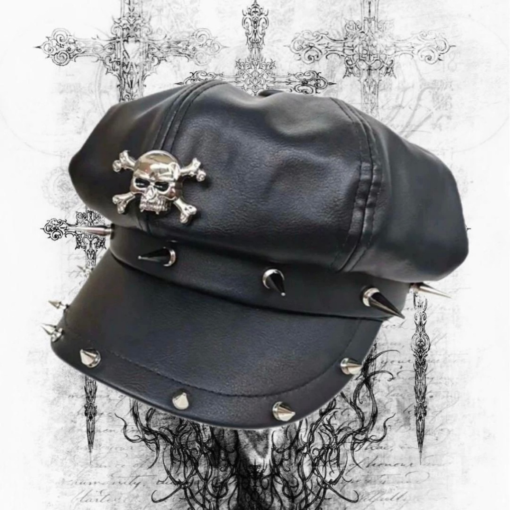 Boné de Couro Punk Gótico Jovem Estilo Britânico Chapéu de Aba