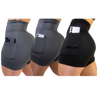 Kit 3 Shorts C/ Bolso Cós Alto Fitness Bermuda Caminhada Corrida