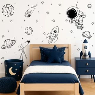 Adesivo De Parede Astronauta Planetas Foguete Luneta Céu Estrelado Estrela espaço galaxia