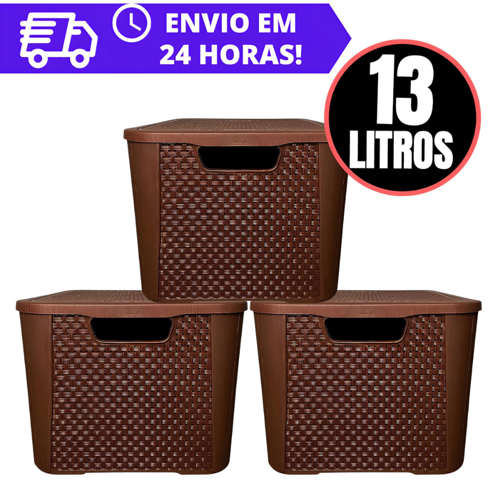 Kit 3 Caixas Organizadora Rattan REFORÇADA 13 LITROS - MARROM