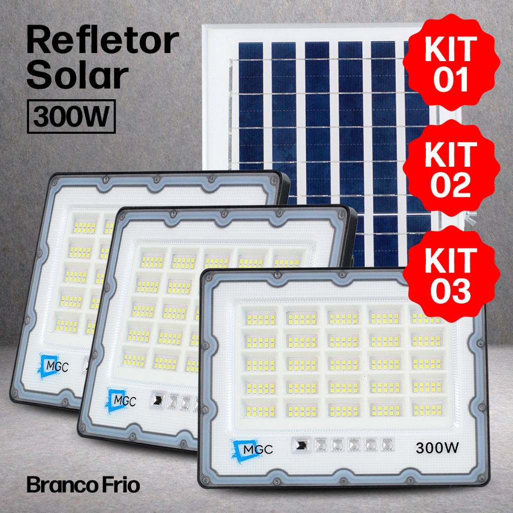 Luminária Refletor Placa Solar LED Kits 3 - Bateria Recarregável 300W ...