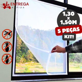 Kit 5 Tela Mosquiteiro Janela 130x150cm com Fecho de Contato e Fita Dupla Face Mosquitos e Insetos