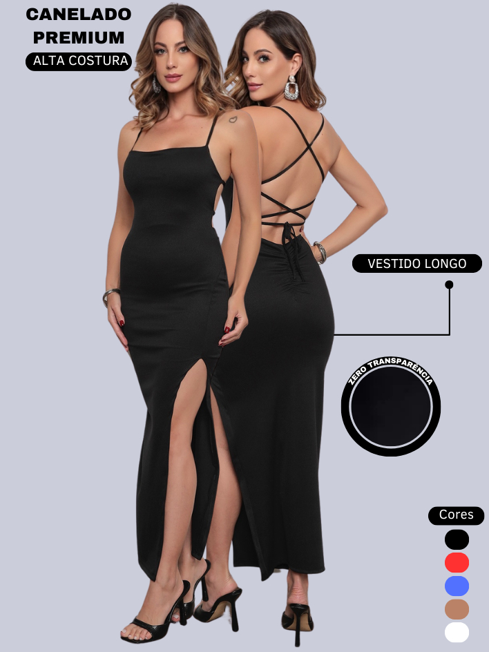 Vestido LONGO elegante com costas nuas trançadas Fenda Lateral Empina Bumbum Colado Novo
