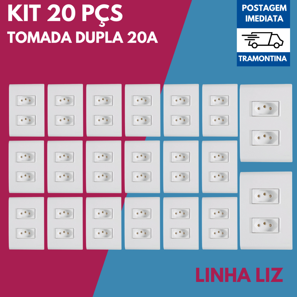 Kit 20 Conjuntos Tomada Dupla 20A Tramontina Linha LIZ cor Branca 4x2 ...
