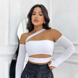 Cropped Maya Recortes Faixa Manga Longa Moda Blogueira Gringa com Bojo Feminina Decotado Ombro a Ombro