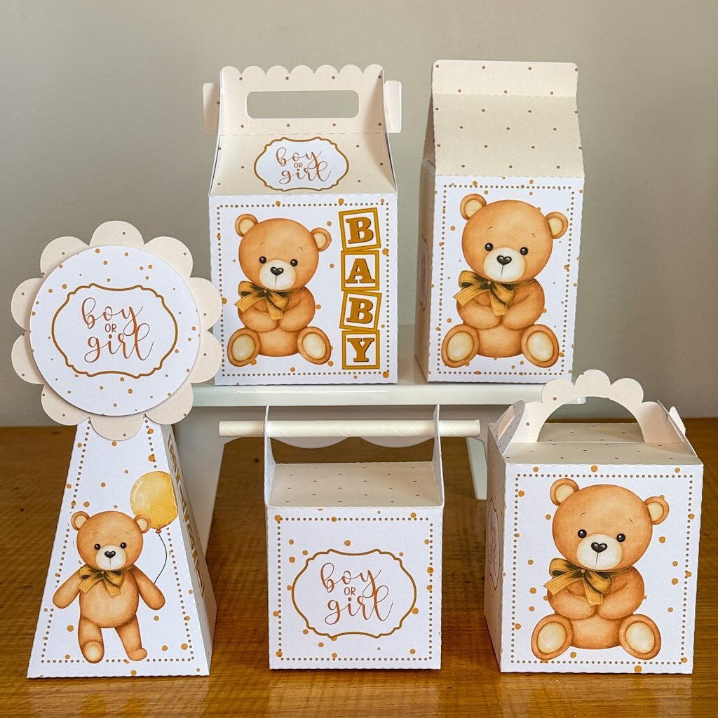 Kit Festa Chá de Bebê Fraldas Revelação Menino Dourado Neutro Ursinho ...