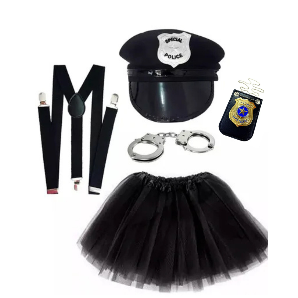 Fantasia Policial Militar Completa com Quepe Preto Algema Suspensório e ...