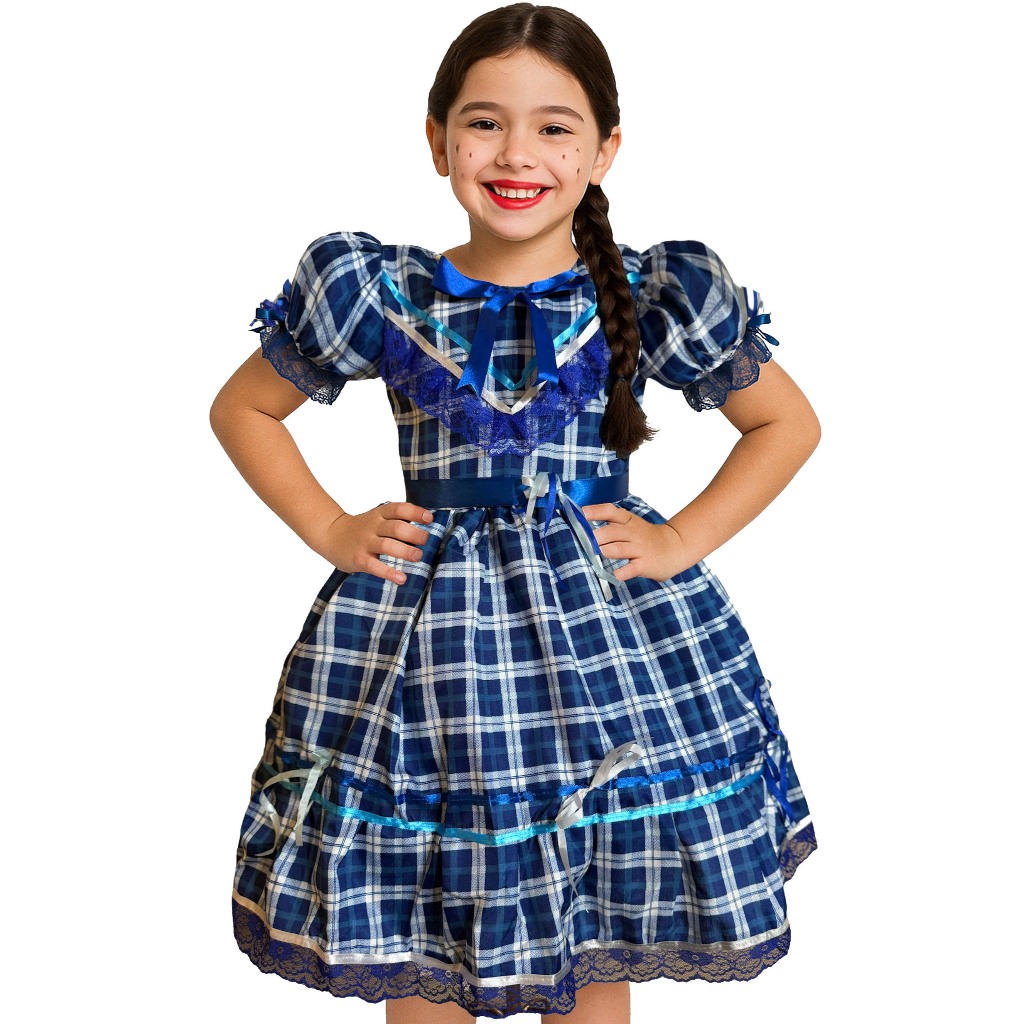 Vestido Festa Junina Azul Branco Menina Xadrez Infantil São João