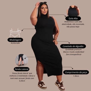 Vestido feminino plus size longo gola alta com fenda ribana canelado algodão premium casual festa rua basico em Oferta na Shopee