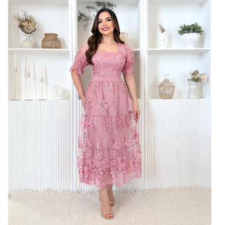 Vestido midi festa tule bordado manga curto 0115