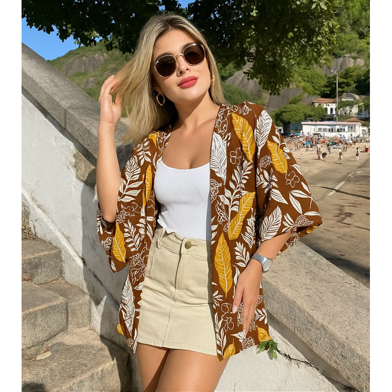 Kimono Feminino Manga 3/4 Liso e Estampado estilo Farm Cardigan