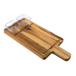 Tabua de Servir Teca Com Cabo e 2 Molheiras Madeira Nitron em Oferta na Shopee