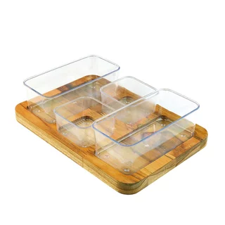 Petisqueira Teca com 2 Molheiras e 2 Potes Madeira Nitron em Oferta na Shopee