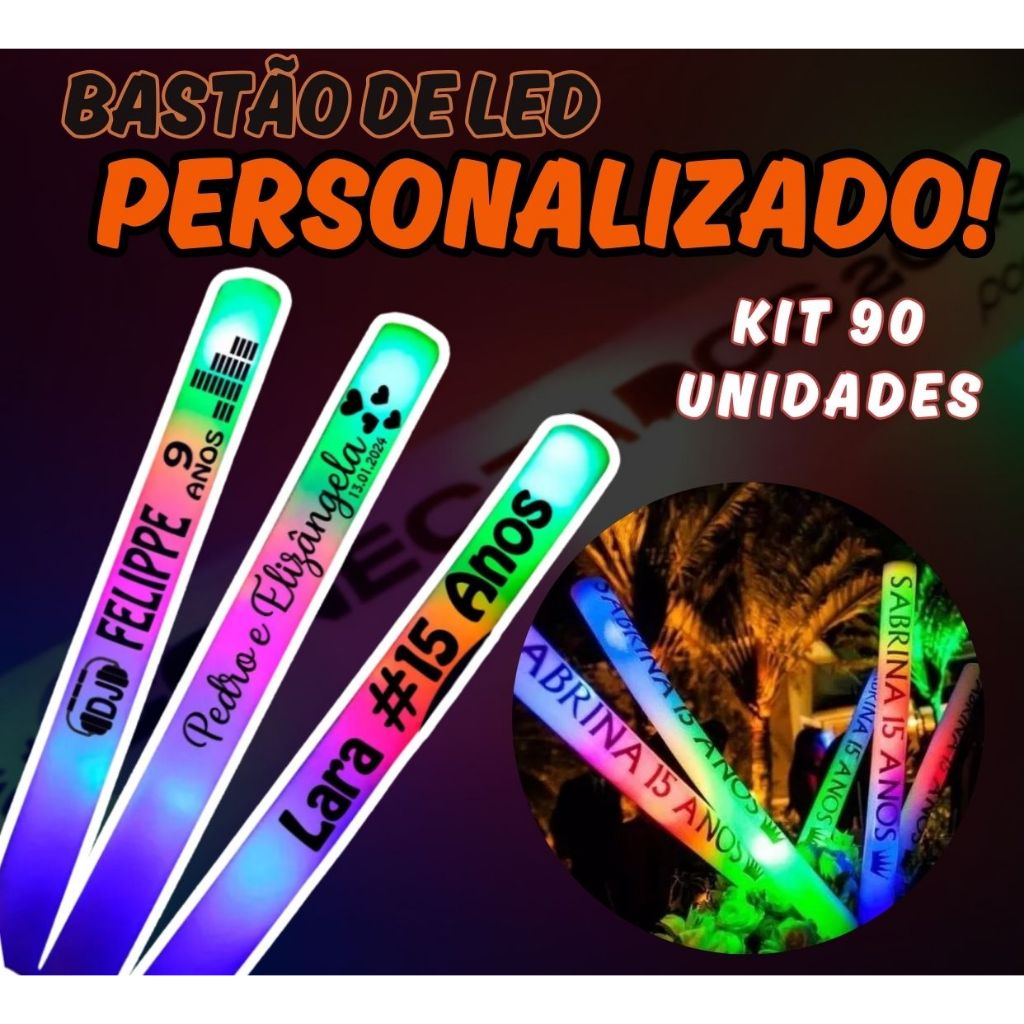90 Bastão de Led Personalizado Espuma Neon Pisca Festa 15 Anos ...