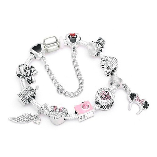 Mimi✳︎PLUIE Jewelry 2点set Pulseira Minnie Mouse Banhada a Prata com 9 Berloques Tiara Anjo