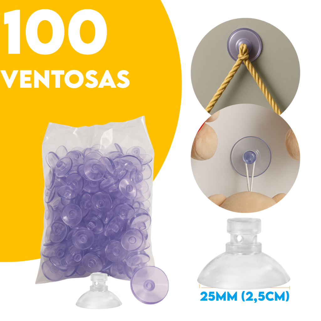 100 Ventosas Pvc Cristal 25mm Diâmetro Com Furo Para Fixação