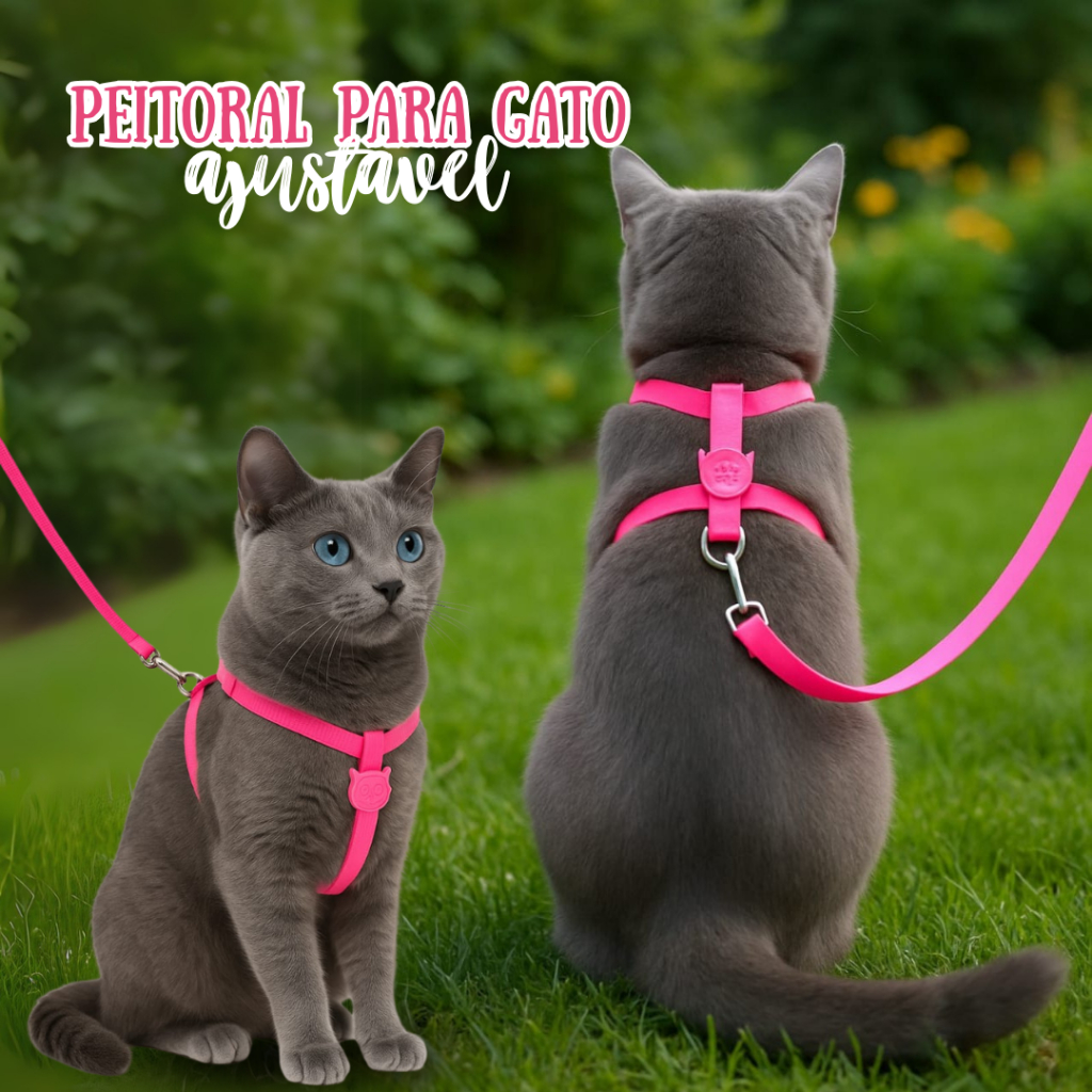 Peitoral c/ Guia Para Gatos Coleira Ajustável Para Passeio Confortável