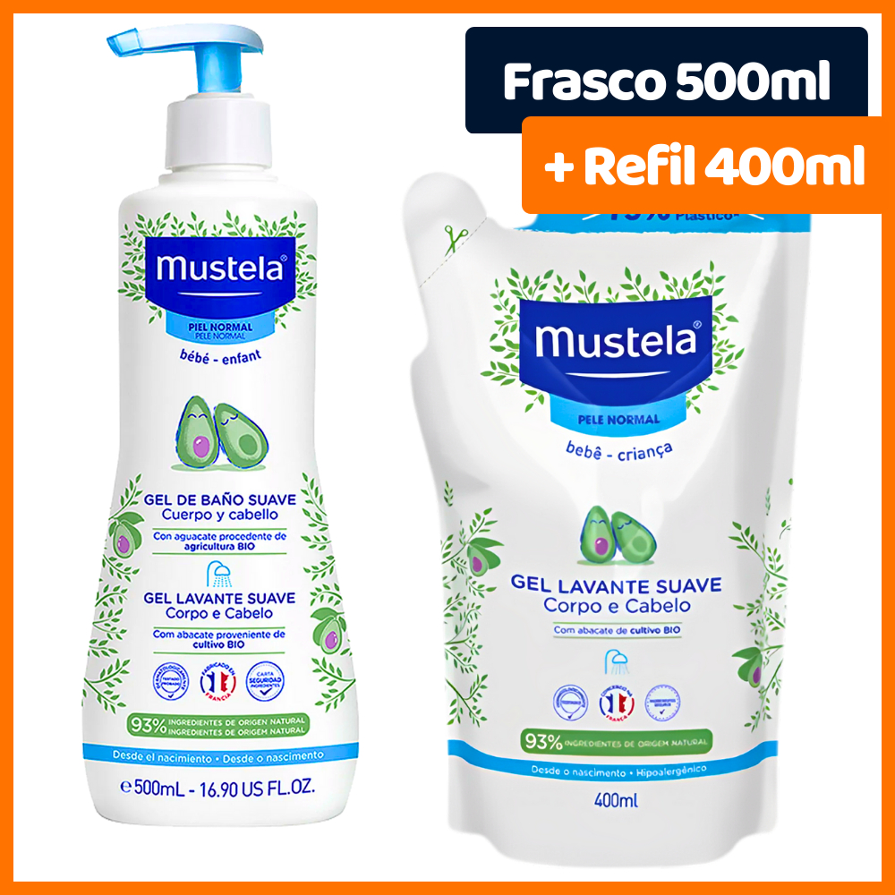 Kit Gel Lavante para Corpo e Cabelo Mustela Suave 500ml + Refil 400ml ...