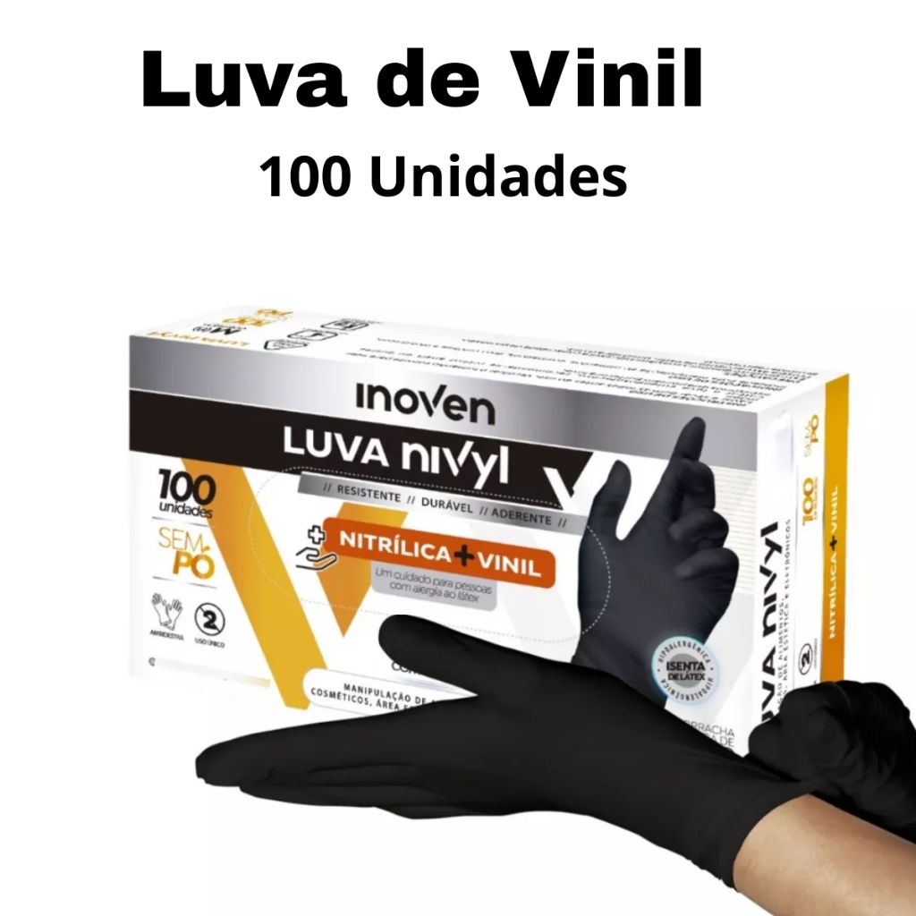 Luva Vinil Preta Descartável Sem Pó Resistente 100 Unidades