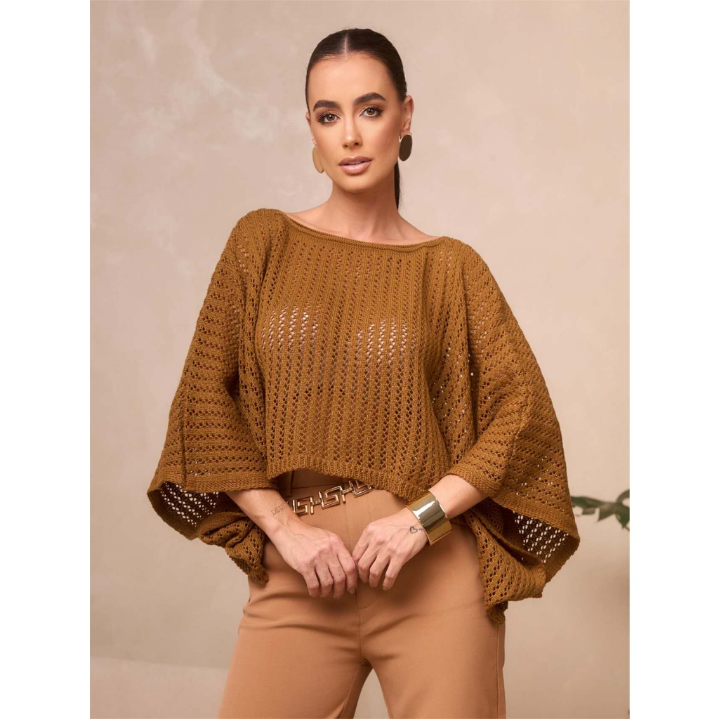 Poncho #MX-50 tricot ponto crochê furos capa sobreposição outono e