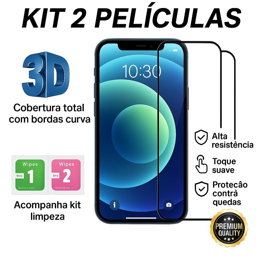 Kit 2 Pelicula de Vidro Temperado 3D Película Iphone XR 11 12 13 14 15 16 Pro Max Plus