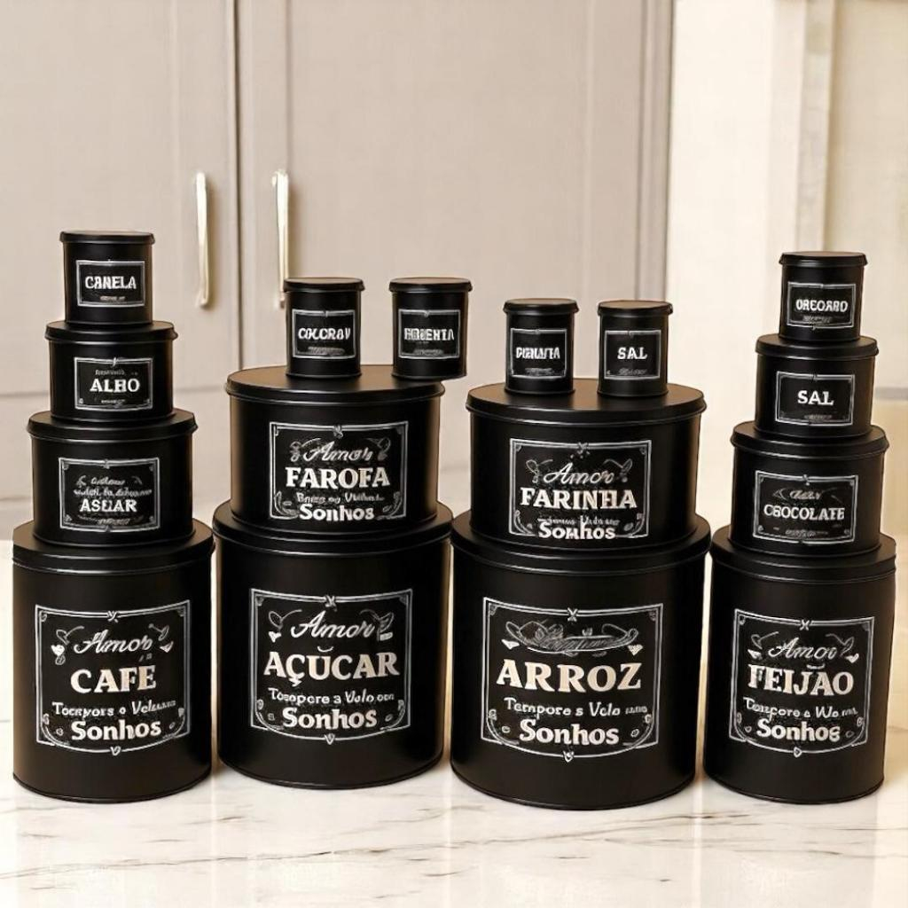 KIT 15 PEÇAS POTES DE MANTIMENTOS PRETO