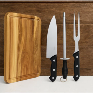 Kit Tábua de Carne Eucalipto com Faca e Garfo Inox – Resistente, Bonito e Ideal para Seu Churrasco Completo