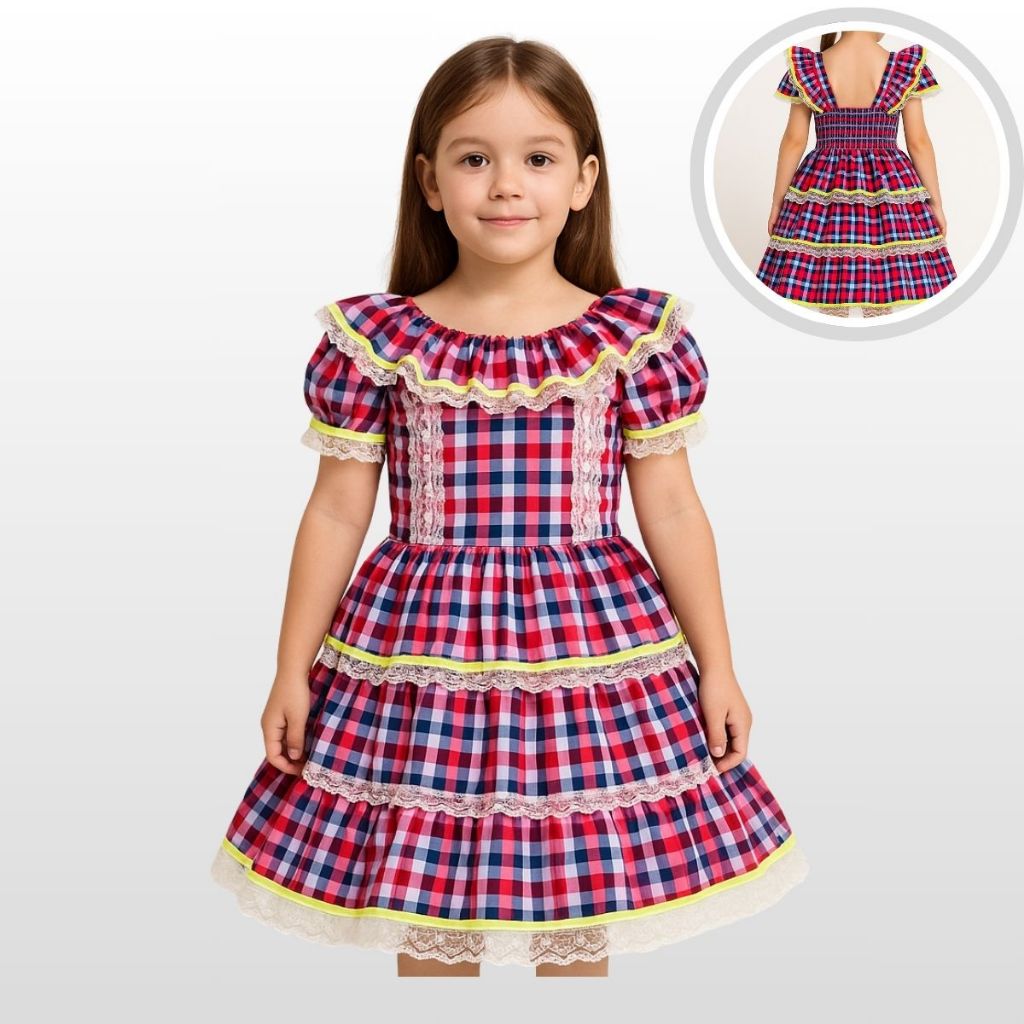 Vestido Infantil Menina Festa Junina Xadrez 5 a 9 Anos - Katitus ...
