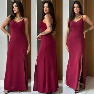 Vestido longo feminino costa fechado com fenda decote v alça ajustavel moda elegante lançamento