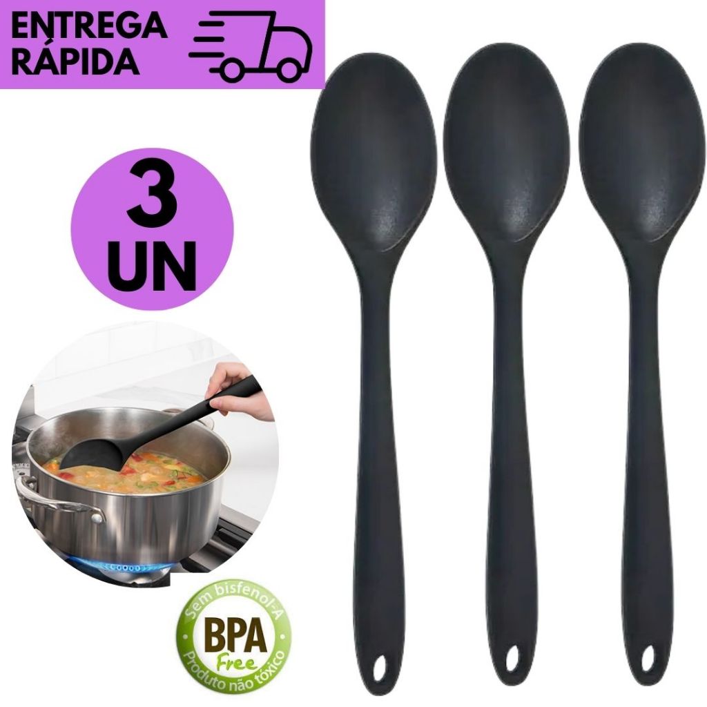 Kit 3 Colher de Silicone Preta Resistência ao Calor Antirrisco Cozinha Utensílio Durável p/ Cozinhar