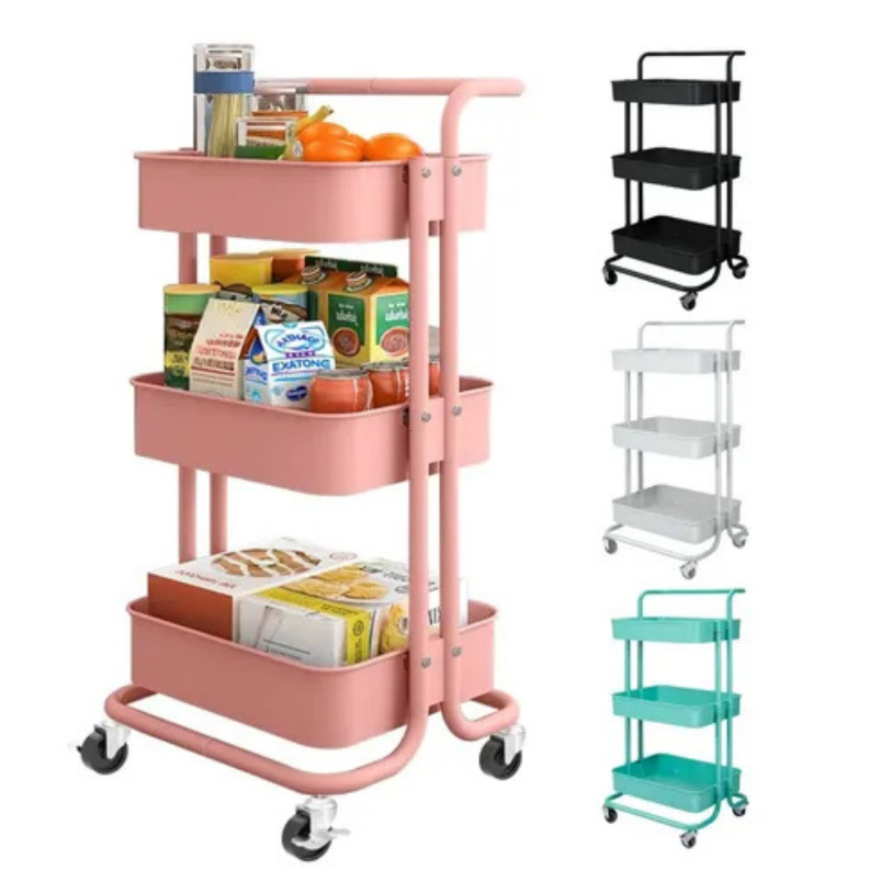 Carrinho Organizador Multiuso 3 Prateleiras e Alça Auxiliar Em Aço Com Rodinha