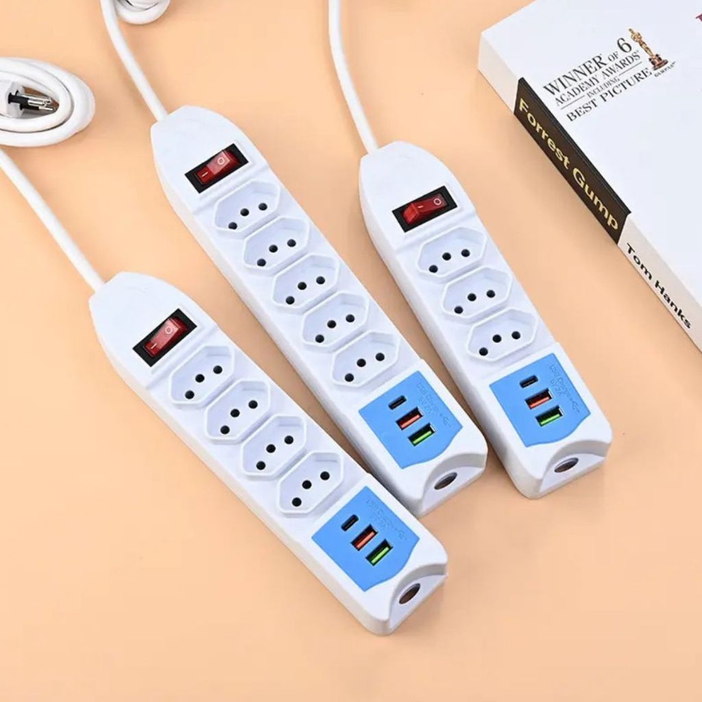Filtro de Linha Régua de Tomadas 3 4 e 5 Tomadas 10 Amperes com Porta USB e Tipo-C Extensão Elétrica 2 Metros