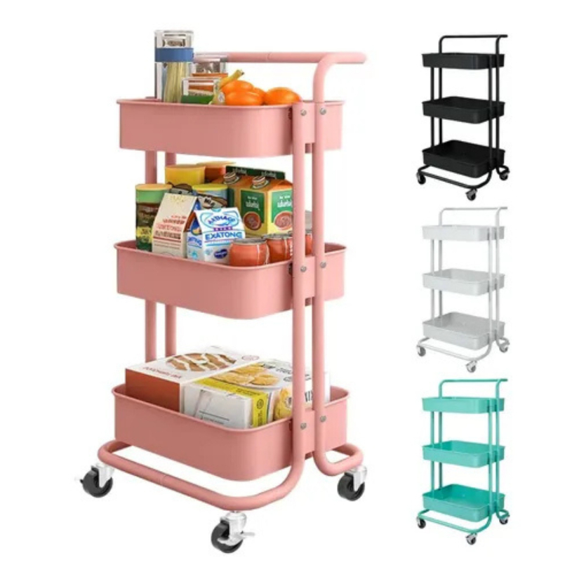 Carrinho Organizador Multiuso 3 Prateleiras e Alça Auxiliar Em Aço Com Rodinha Salão